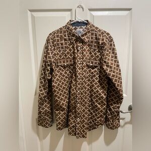 Moonshine Spirit Western Snap Shirt Mens Medium Brown Geometric Print Pearl Snap